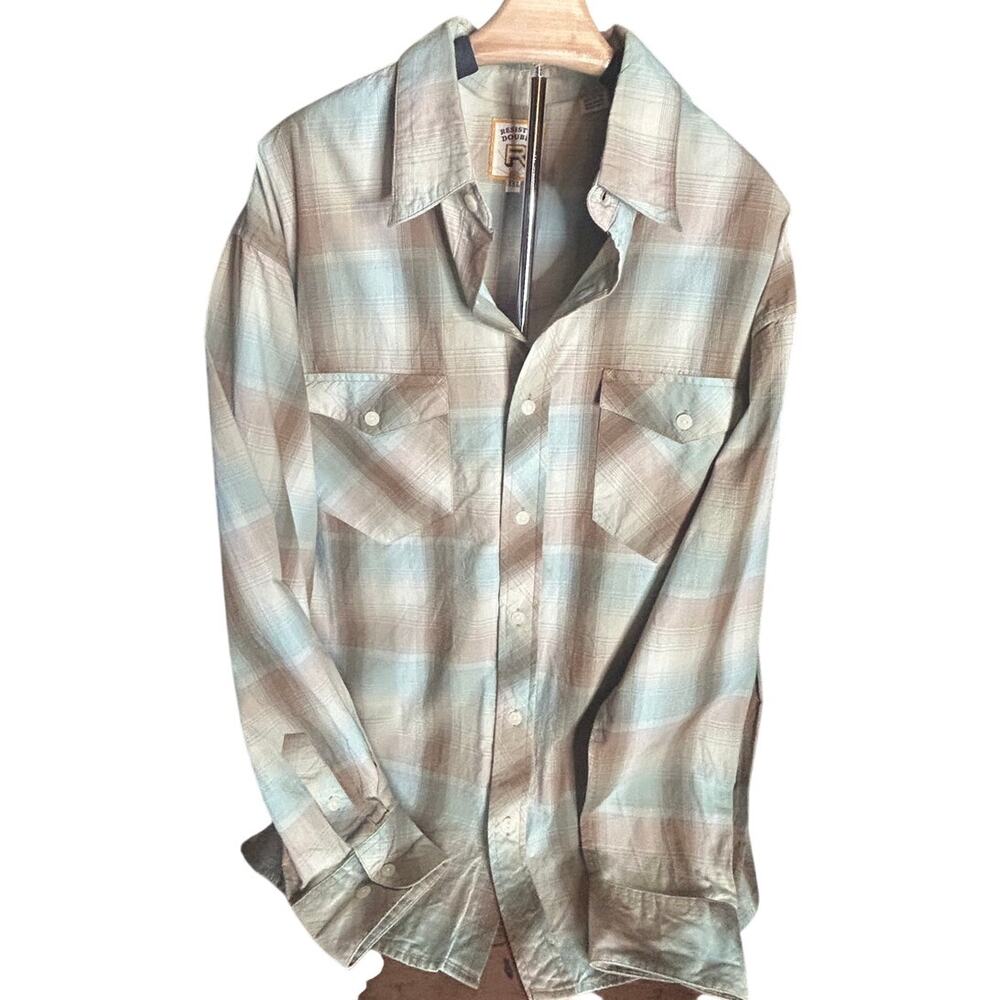 Resistol Double R long sleeve Western pearl snap tan & light blue plaid sz xxl